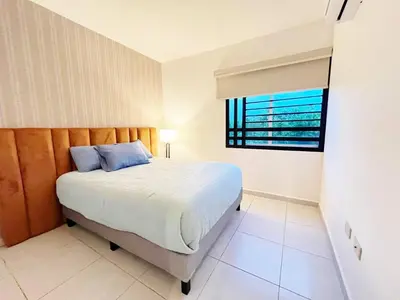 Cama o camas de una habitación en Departamento Moderno Azul Cielo - 2 Albercas - 3 Min Malecón y Playas