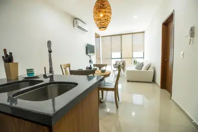 Zona de estar de Amplio departamento Modern Boho cerca de la playa